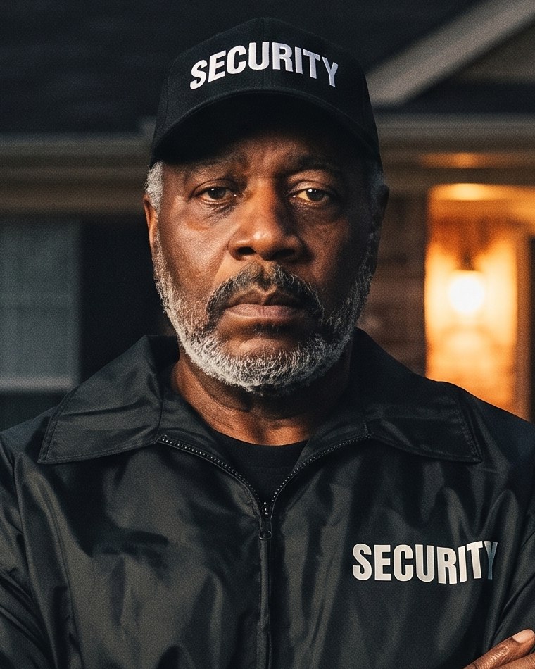 Curtis Hayes, retired security guard, in his SECURITY cap and windbreaker.